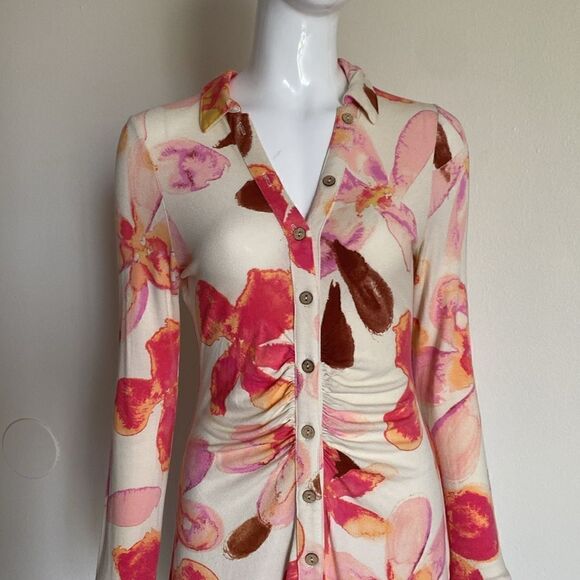 Free People Cream and Pink Watercolor Floral Knit Mini Dress Size Small - Picture 3 of 12